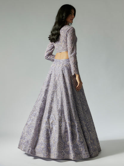 Lilac Net Lehenga Set with Embroidery