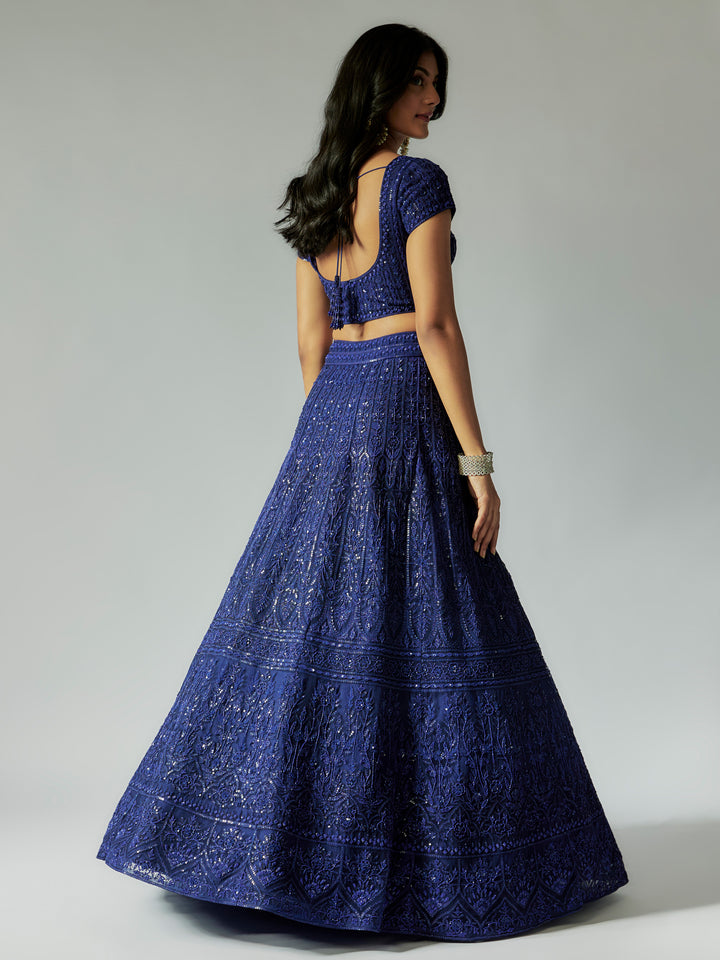 Navy Blue Net Lehenga Set with Embroidery