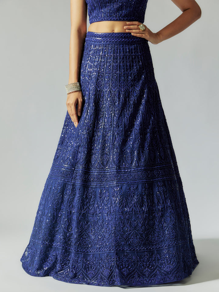 Navy Blue Net Lehenga Set with Embroidery