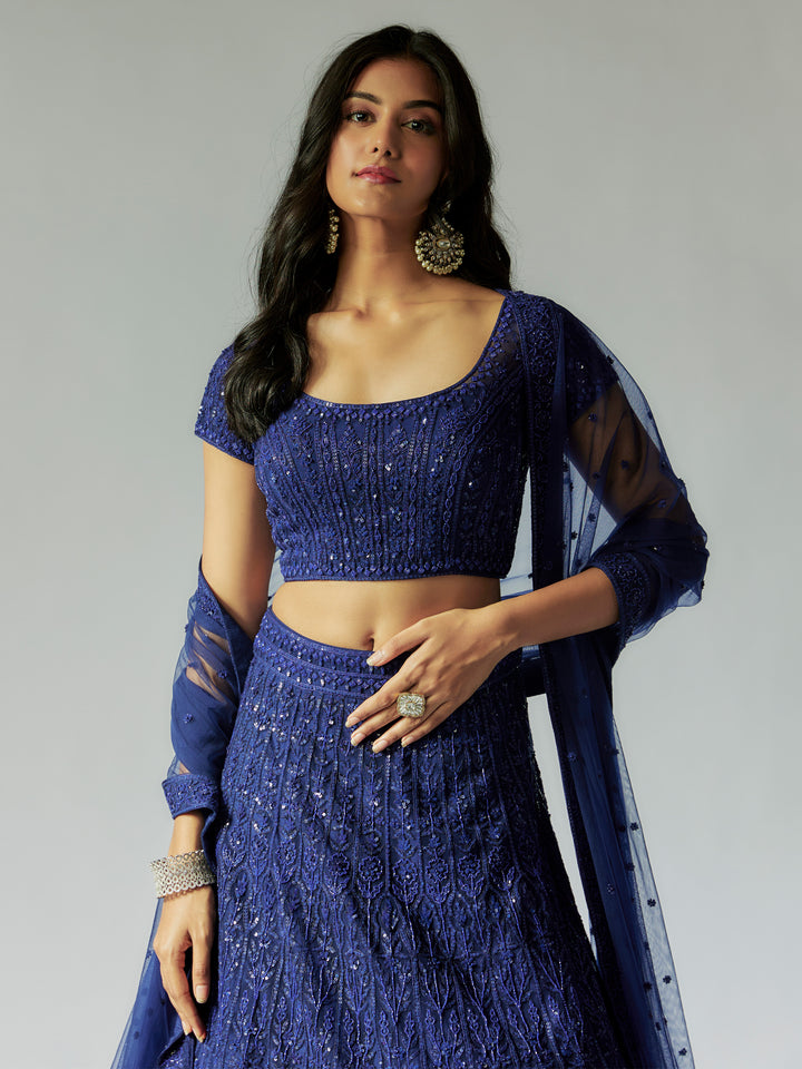 Navy Blue Net Lehenga Set with Embroidery