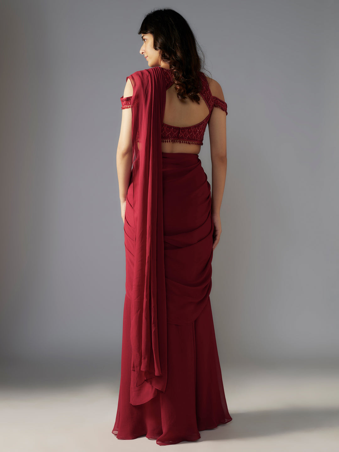 Red Georgette Draped Saree with Embroidered Blouse