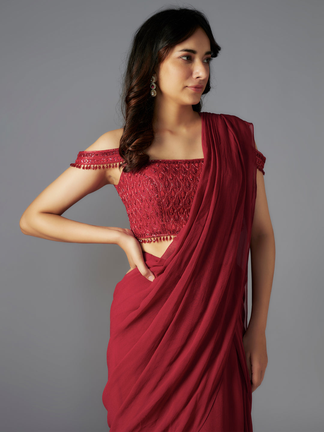 Red Georgette Draped Saree with Embroidered Blouse