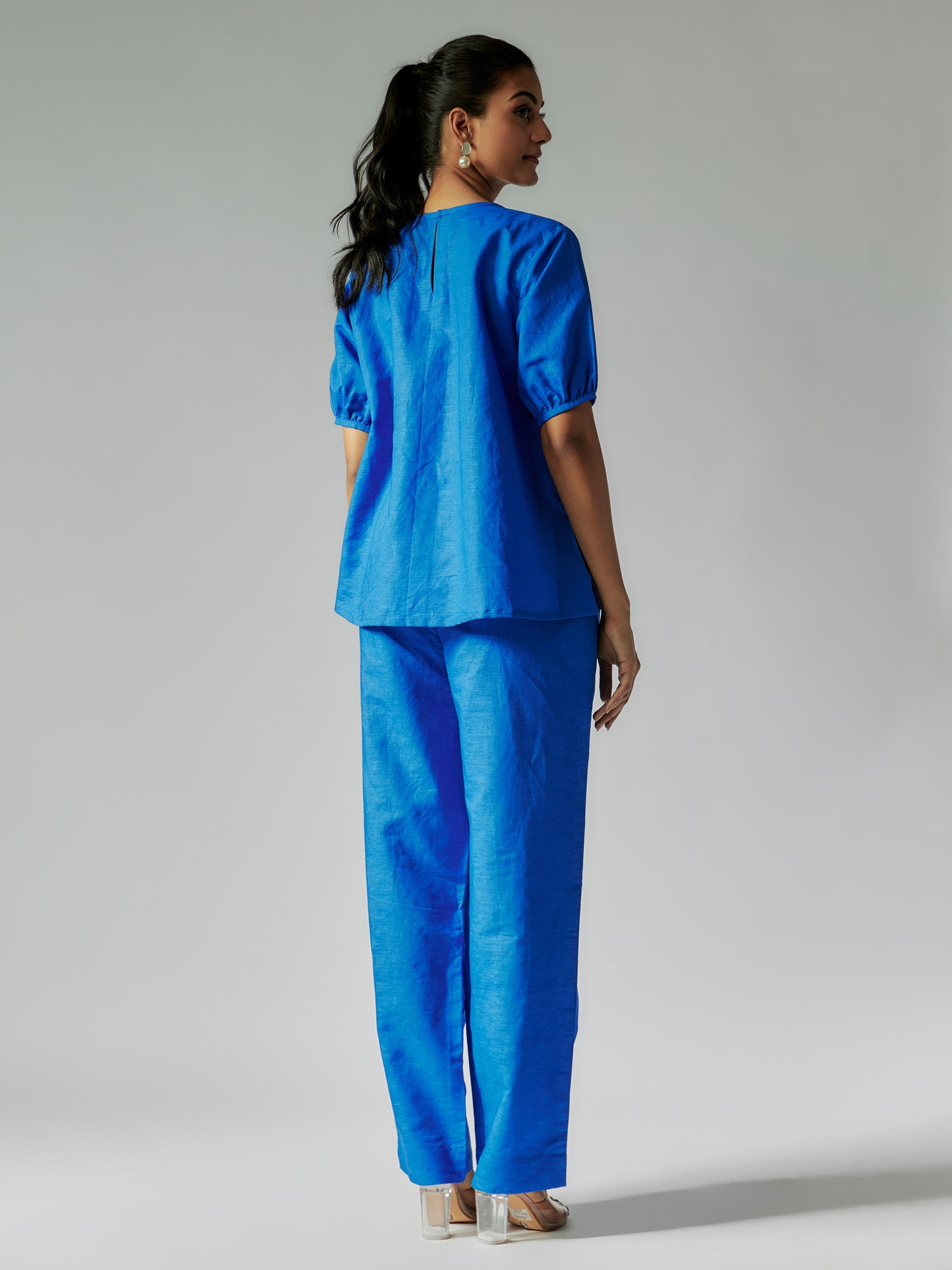 Blue Cotton Linen Pintuck Detailed Co-ord Set