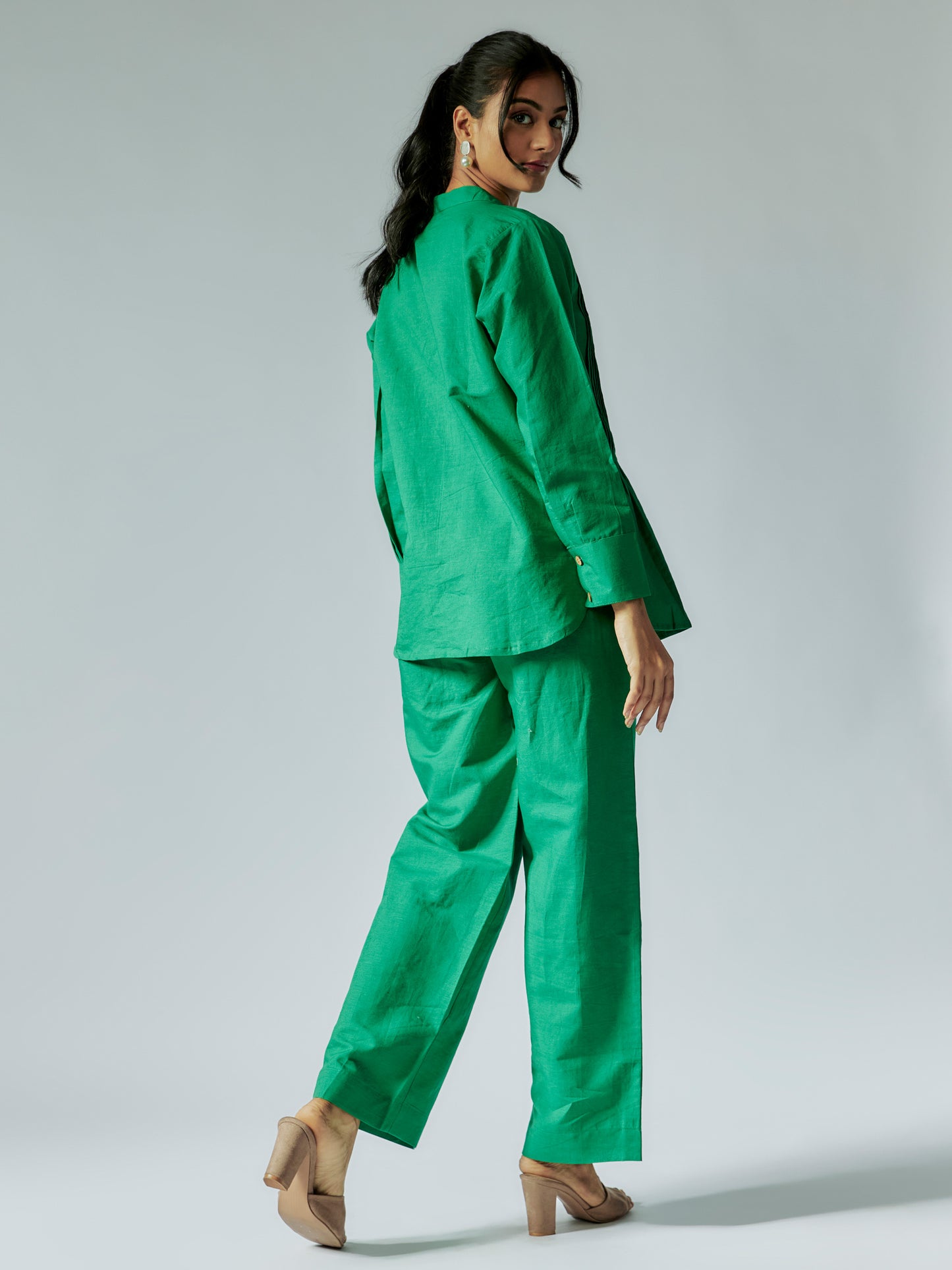 Green Cotton Linen Pleated  Co-ord Set
