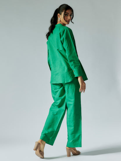 Green Cotton Linen Pleated  Co-ord Set