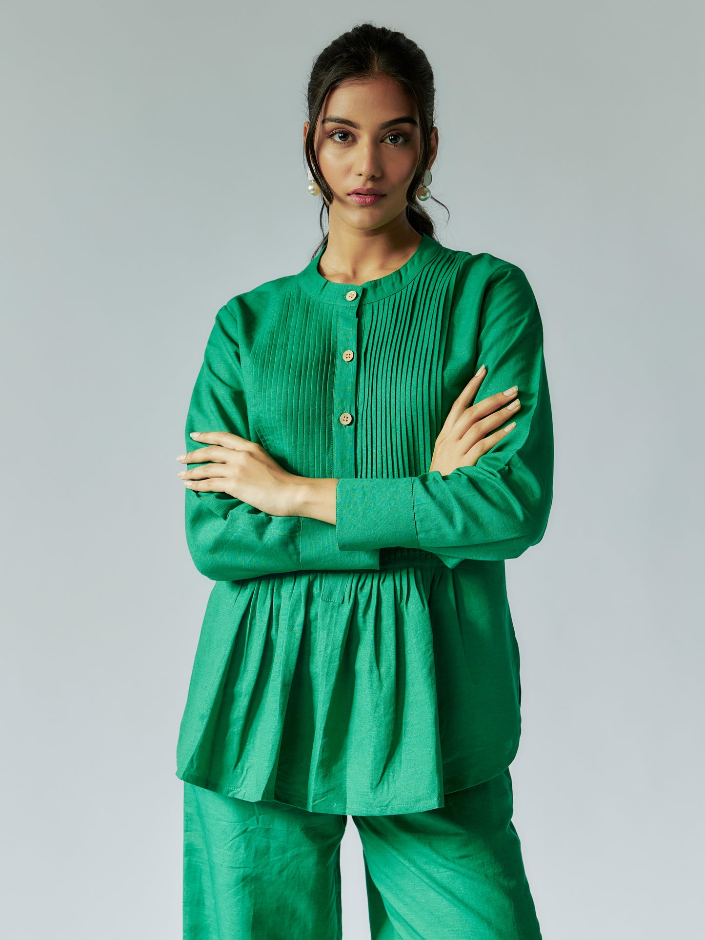 Green Cotton Linen Pleated Top