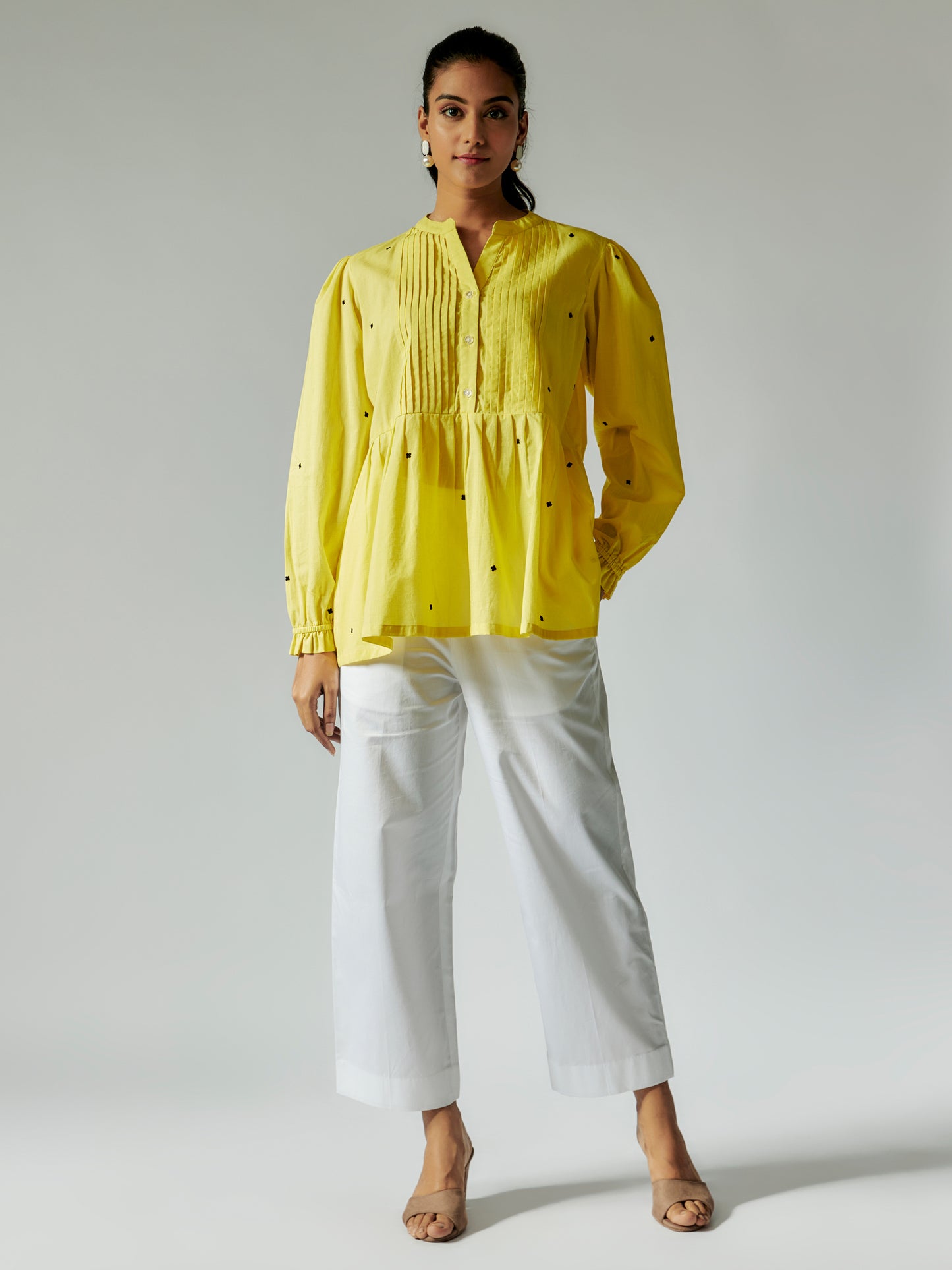 Lime Yellow and White Cotton Mul Co-ords Set with Embroidery