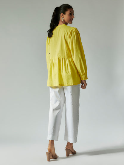 Lime Yellow and White Cotton Mul Co-ords Set with Embroidery