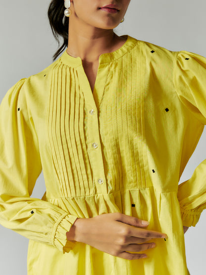 Lime Yellow Cotton Mul Shirt with Machine Embroidery