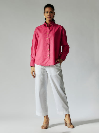 Pink Cotton Linen Cut-work Embroidered Shirt