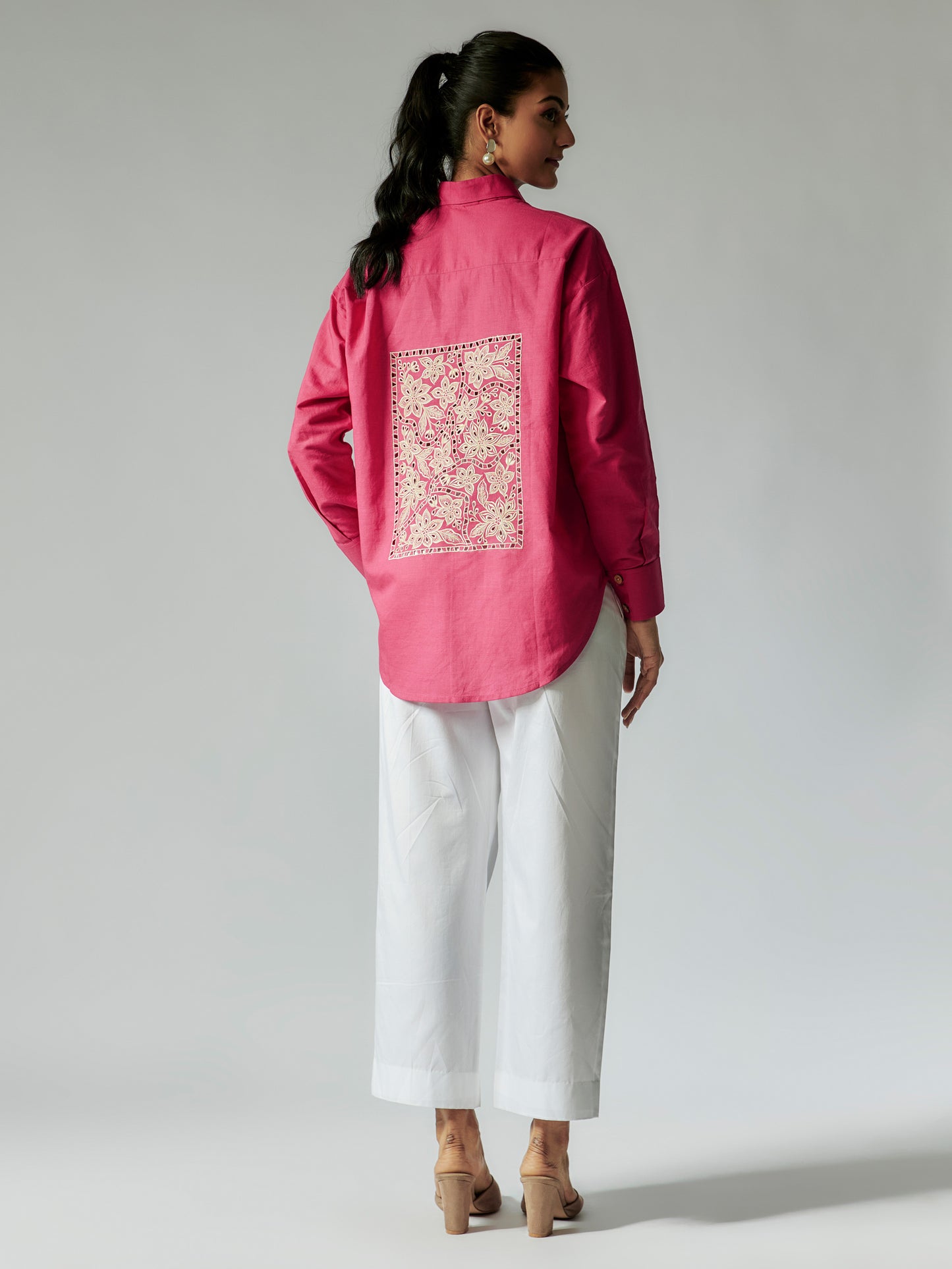 Pink Cotton Linen Cut-work Embroidered Co-ord Set