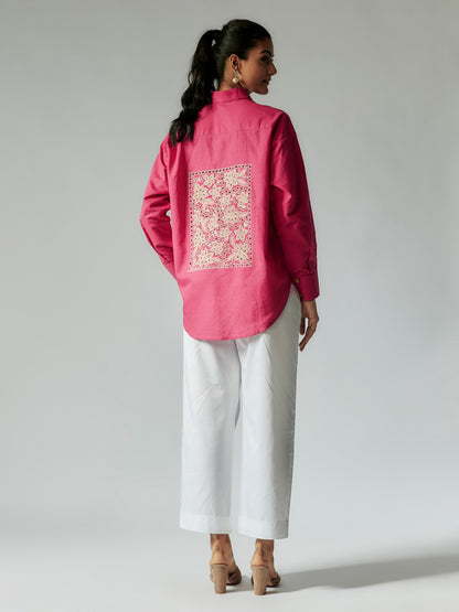 Pink Cotton Linen Cut-work Embroidered Shirt