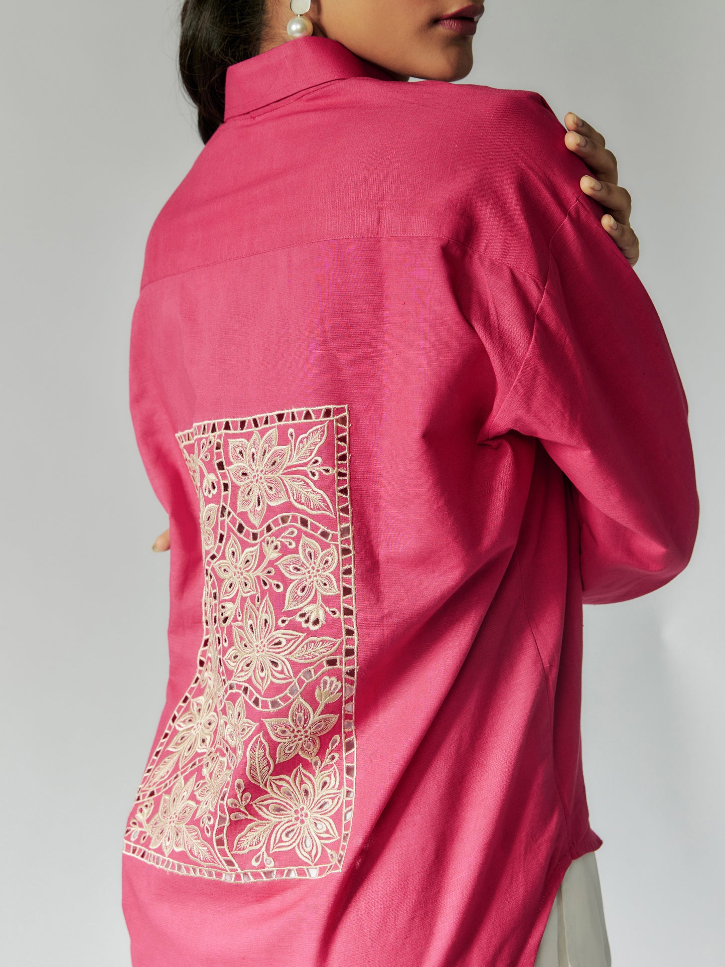Pink Cotton Linen Cut-work Embroidered Co-ord Set