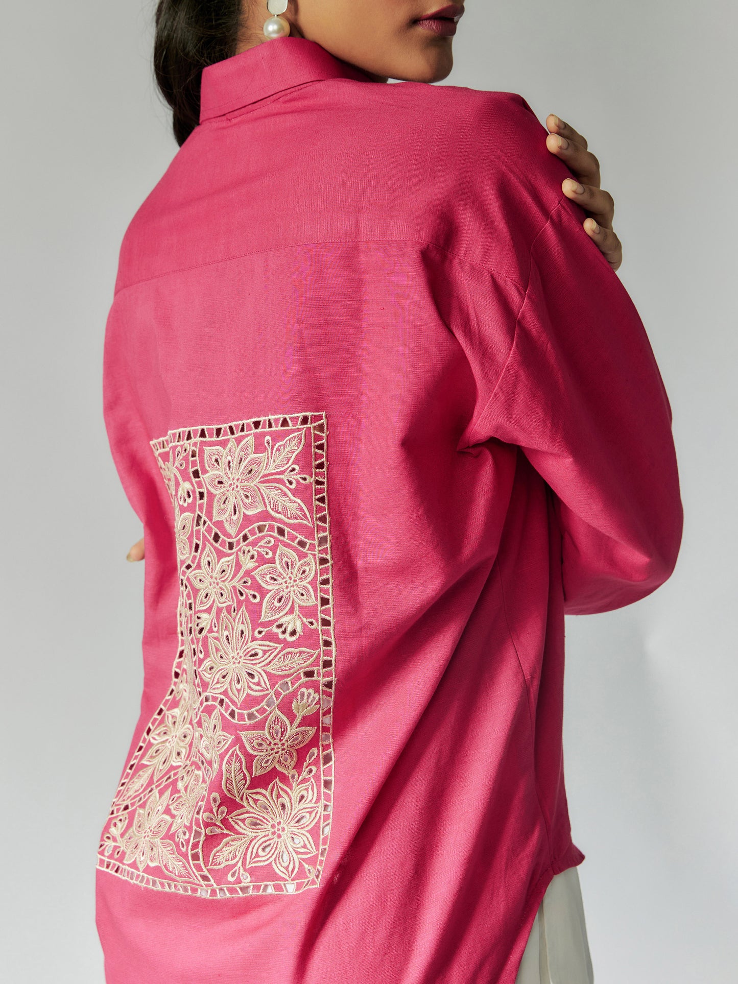 Pink Cotton Linen Cut-work Embroidered Shirt