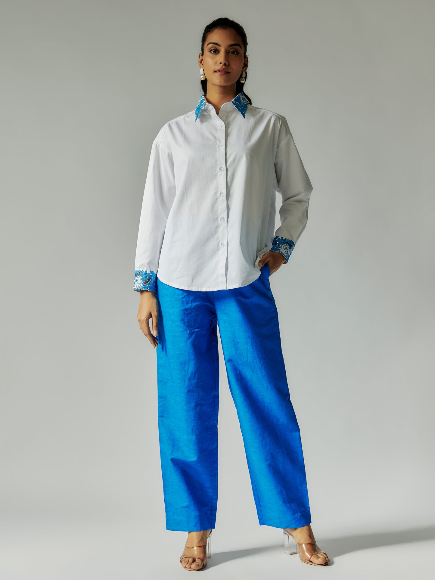 White Cotton Linen  Co-ord Set with Cut-Work Embroidery