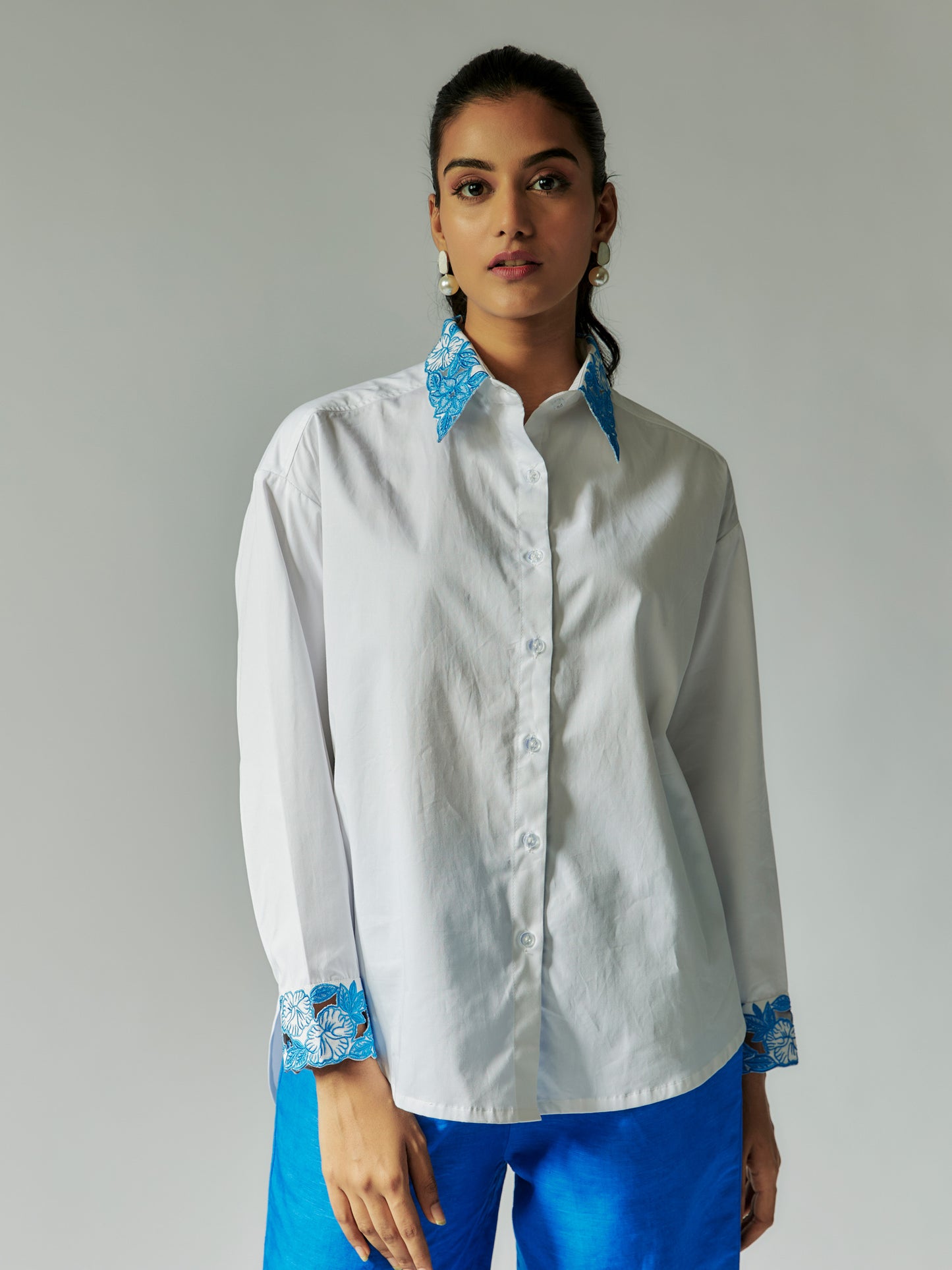 White Cotton Linen  Co-ord Set with Cut-Work Embroidery