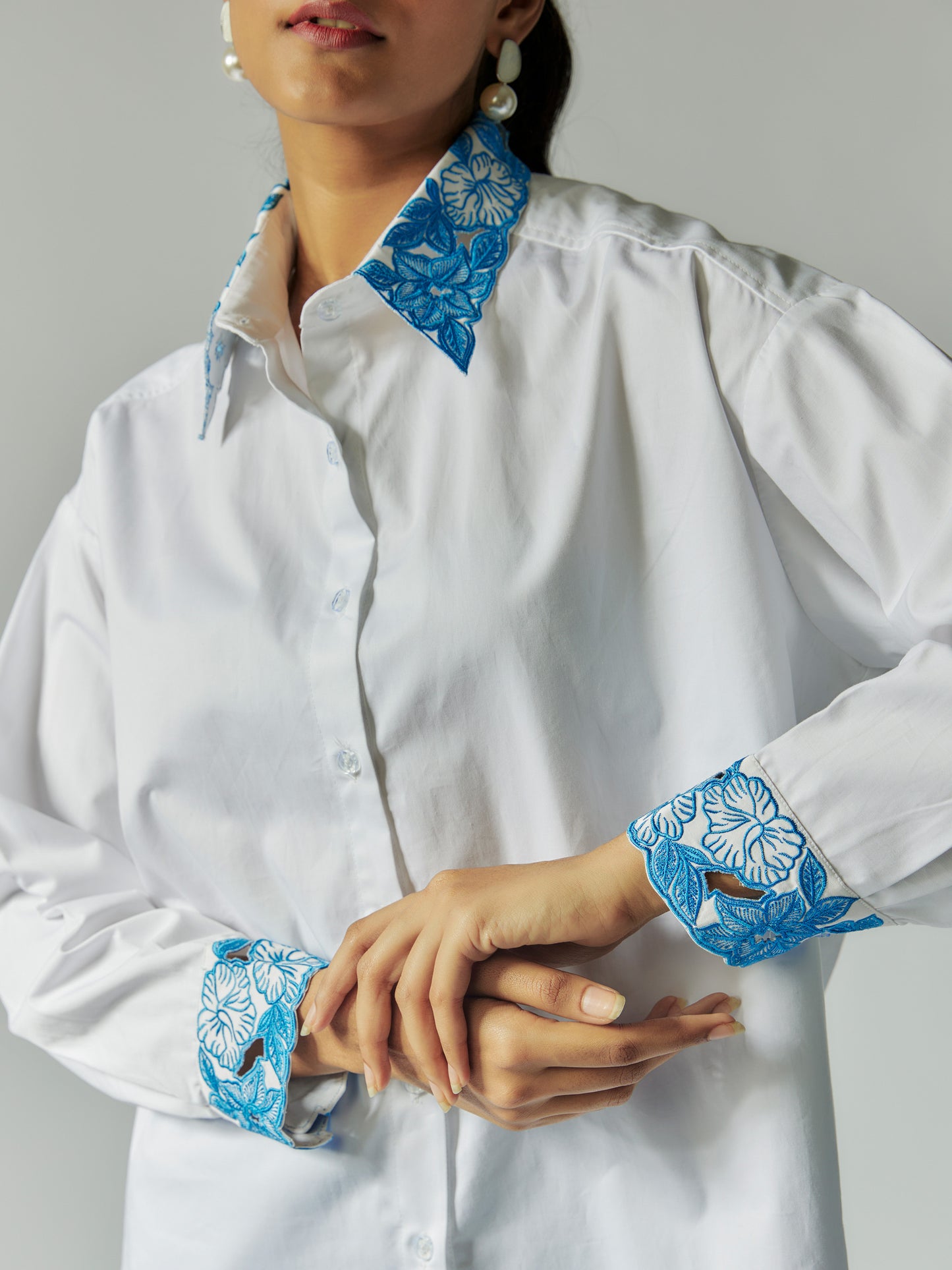 White Cotton Linen  Co-ord Set with Cut-Work Embroidery