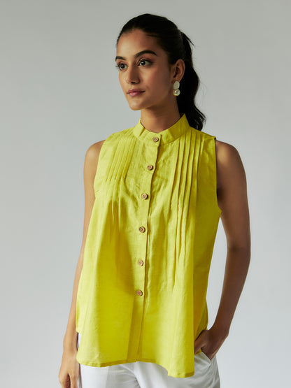 Lime Yellow Cotton Linen Shirt with Pintuck Details Co-ord Set