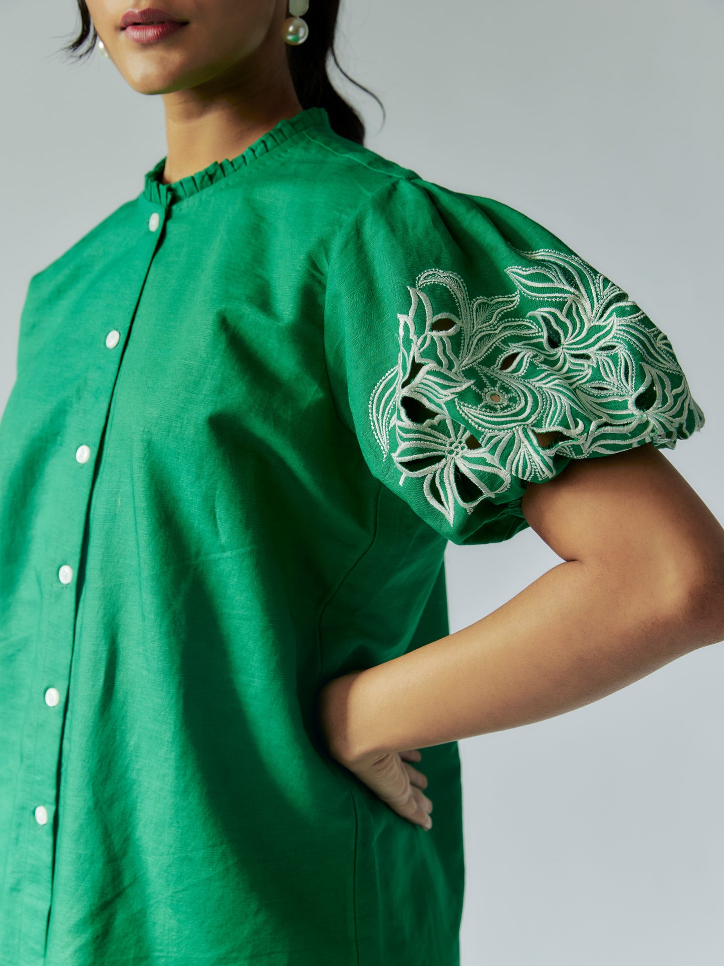 Green Cotton Linen Shirt with Cut-Work Sleeves