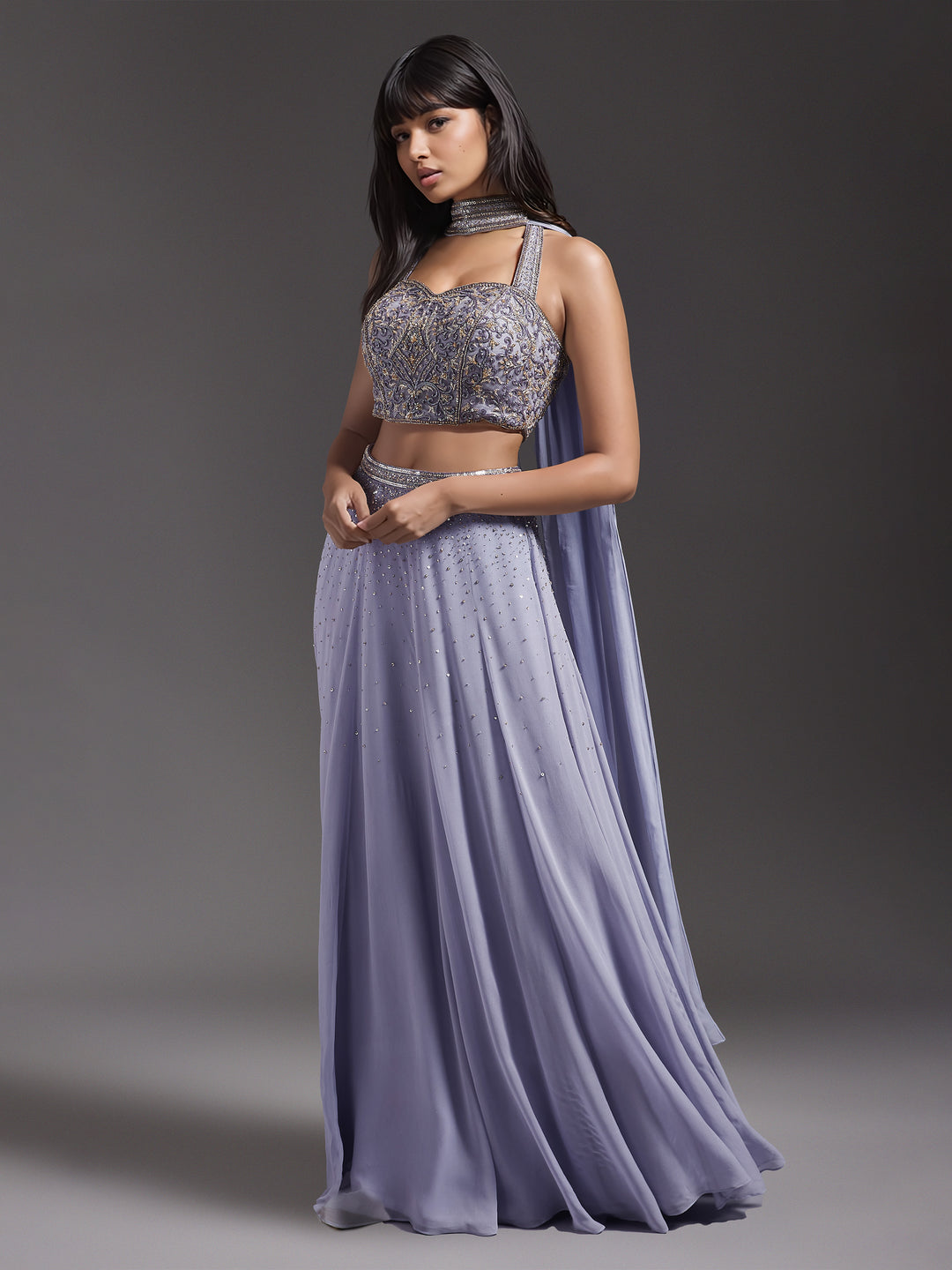 Lilac Georgette Embroidered Skirt Set