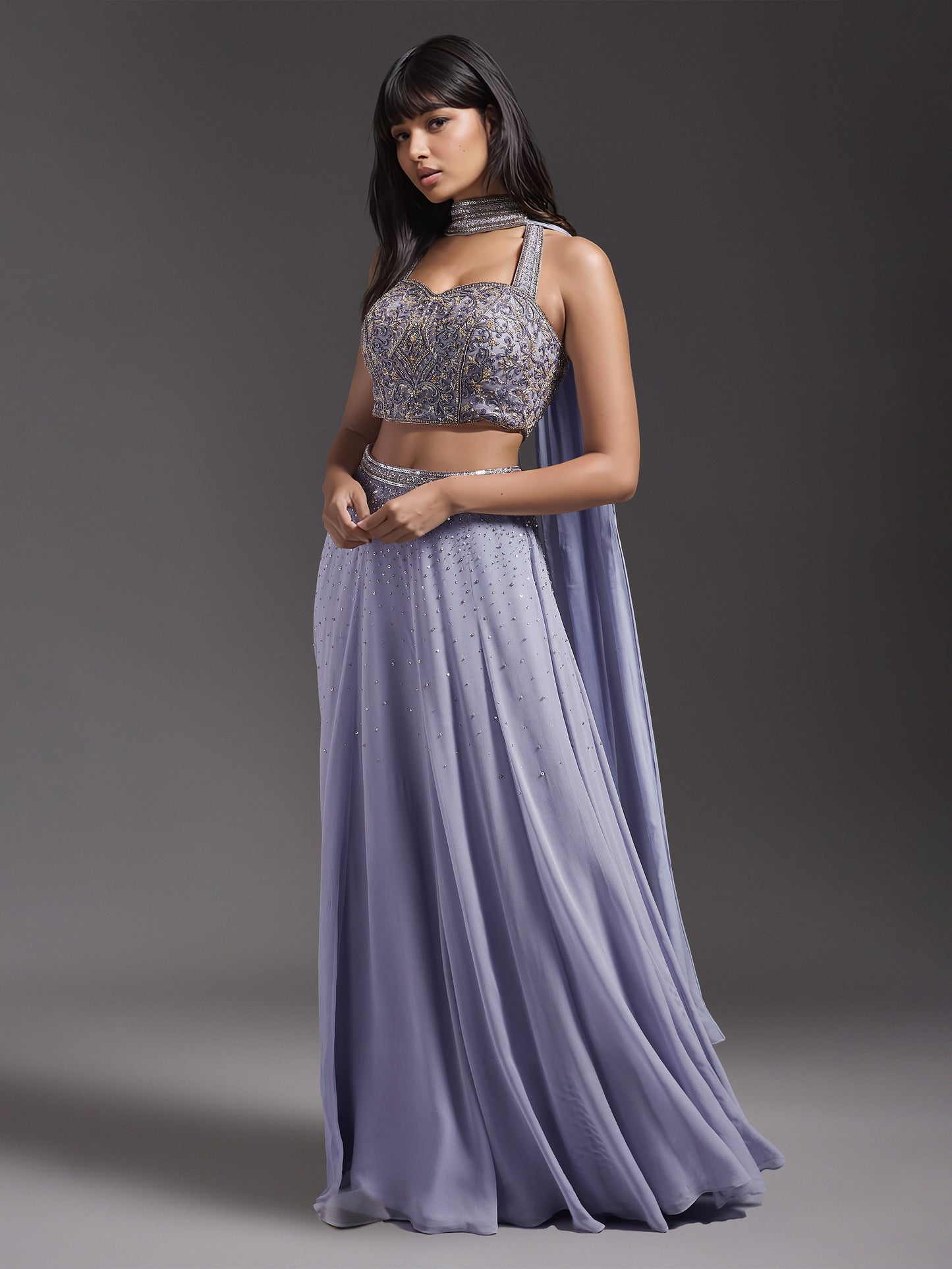 Lilac Georgette Embroidered Skirt Set
