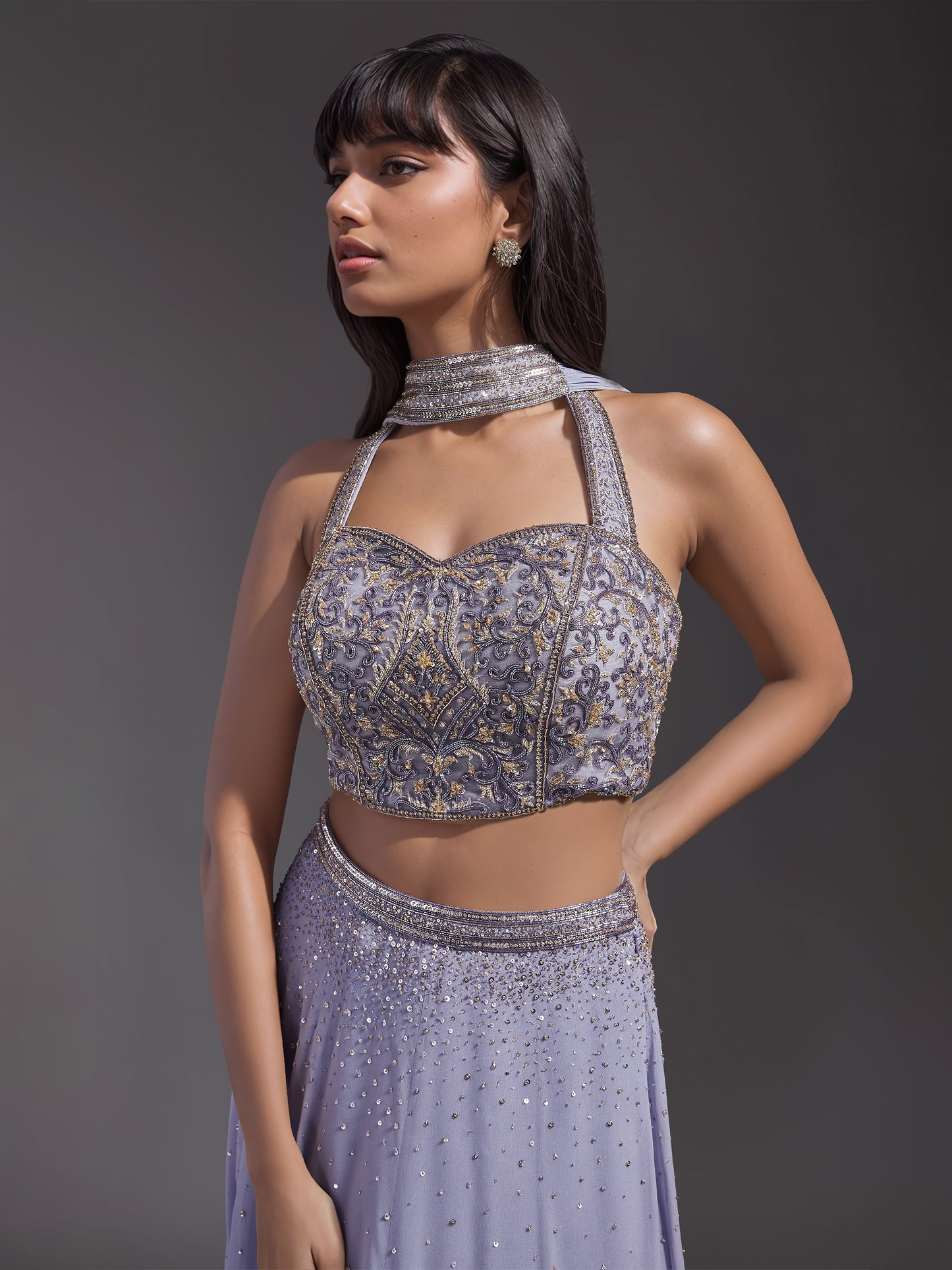 Lilac Georgette Embroidered Skirt Set