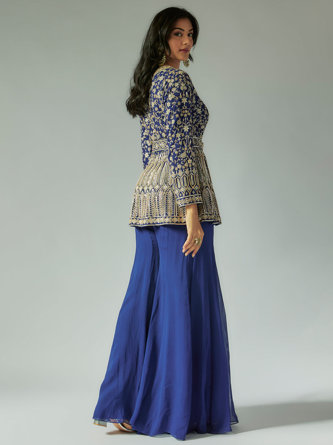 Navy Blue Net and Georgette Sharara Set with Ivory Work