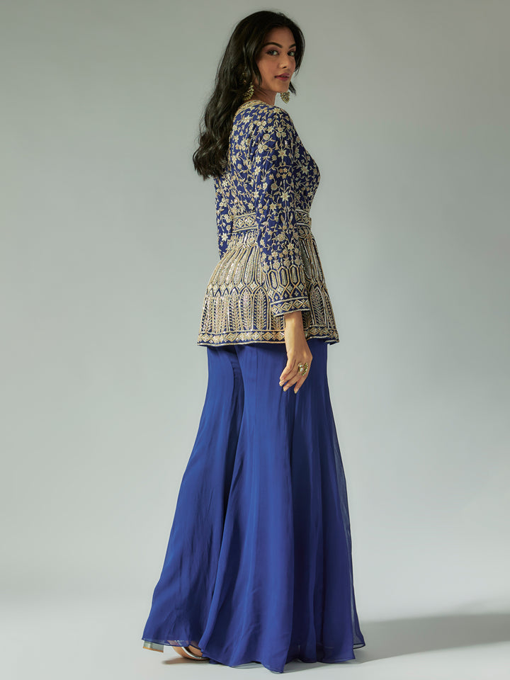 Navy Blue Net and Georgette Sharara Set with Ivory Work
