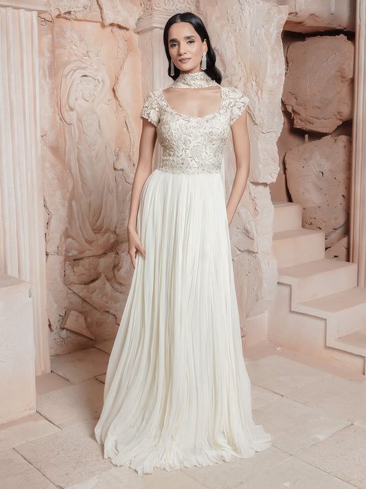 White Embroidred Gown With Stole