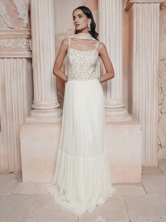 Ivory Embroidered Gown With Stole