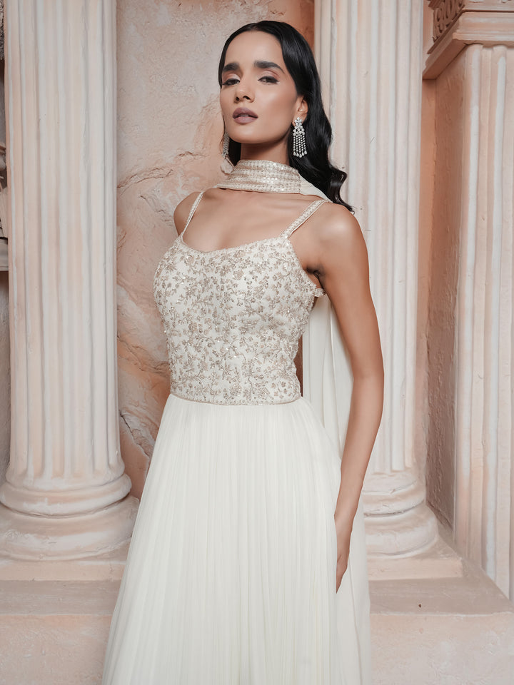 Ivory Embroidered Gown With Stole