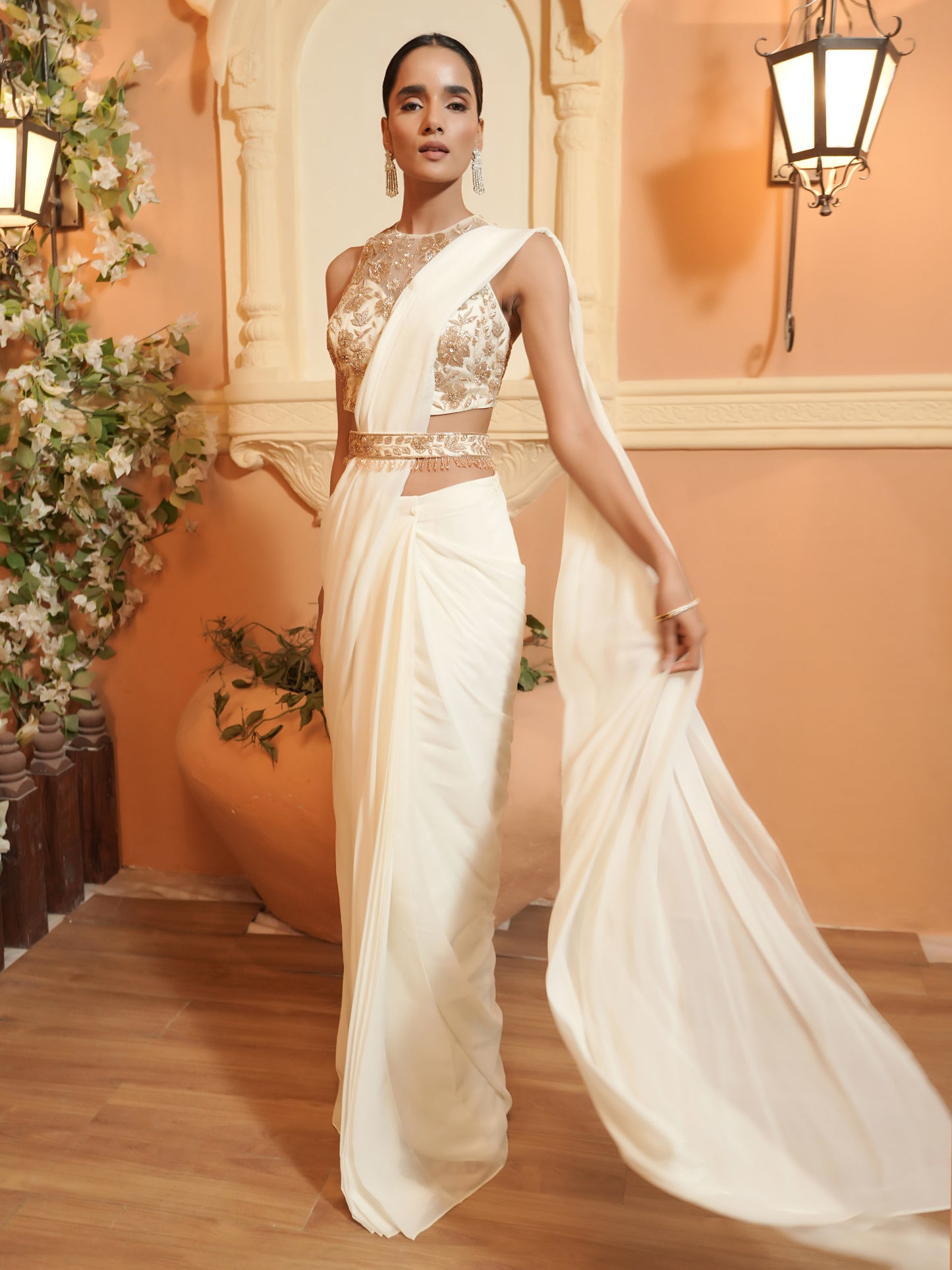 Ivory Embroidered Drape Saree Set