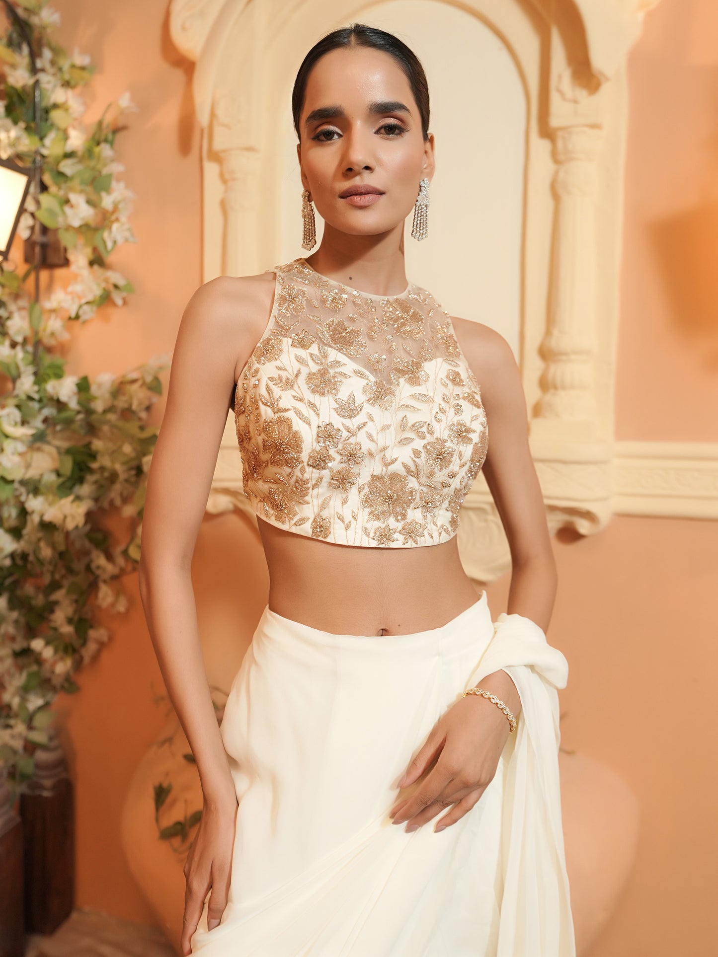 Ivory Embroidered Drape Saree Set