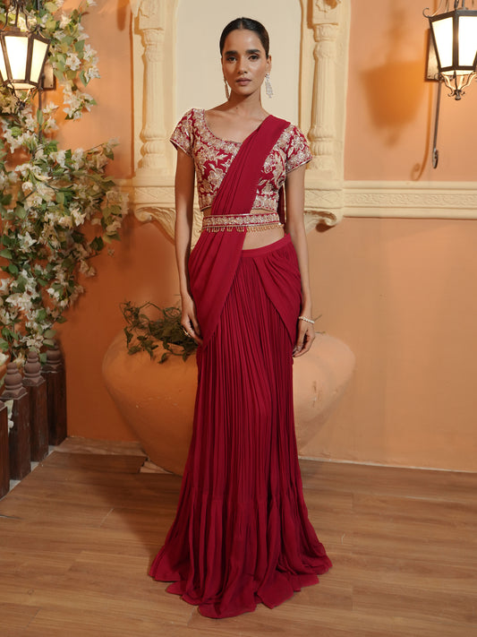 Red Hand Embroidered Drape Saree Set