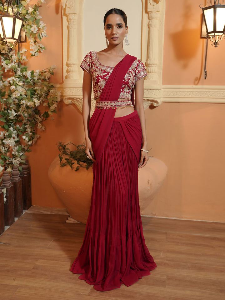 Red Hand Embroidered Drape Saree Set