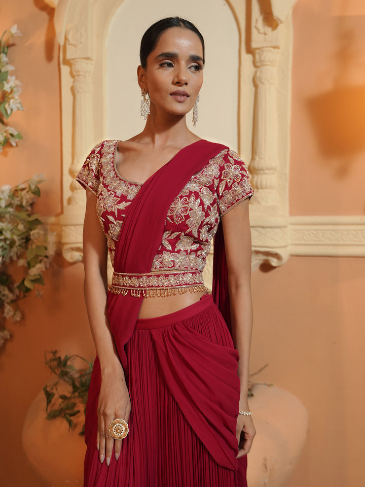 Red Hand Embroidered Drape Saree Set