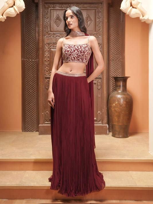 Maroon Embroidered Skirt Set