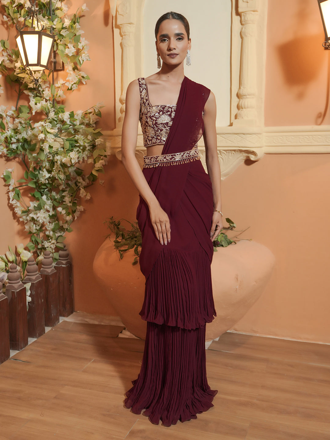 Maroon Hand Embroidered Drape Saree Set