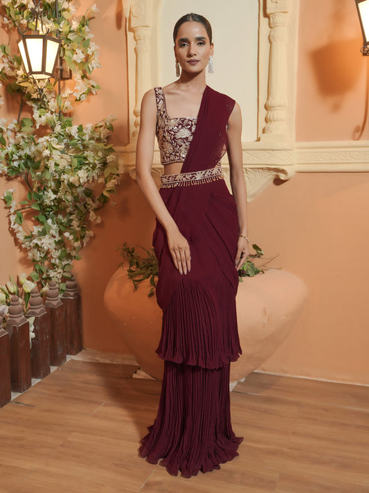 Maroon Hand Embroidered Drape Saree Set