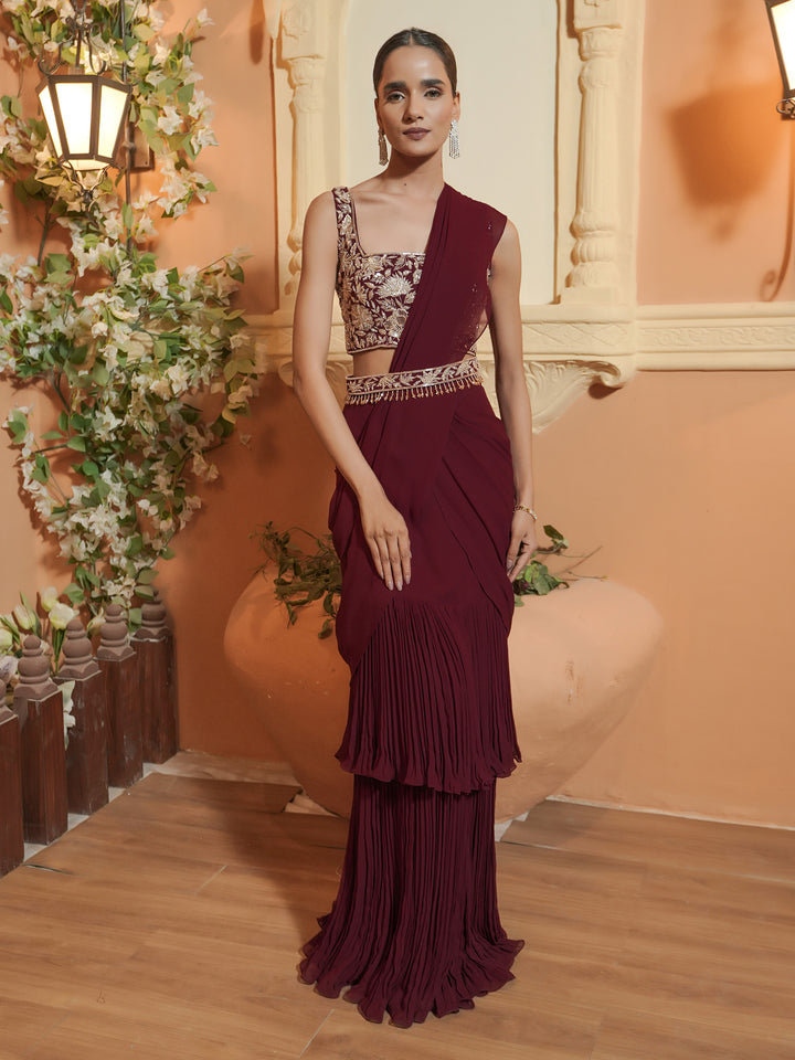 Maroon Hand Embroidered Drape Saree Set