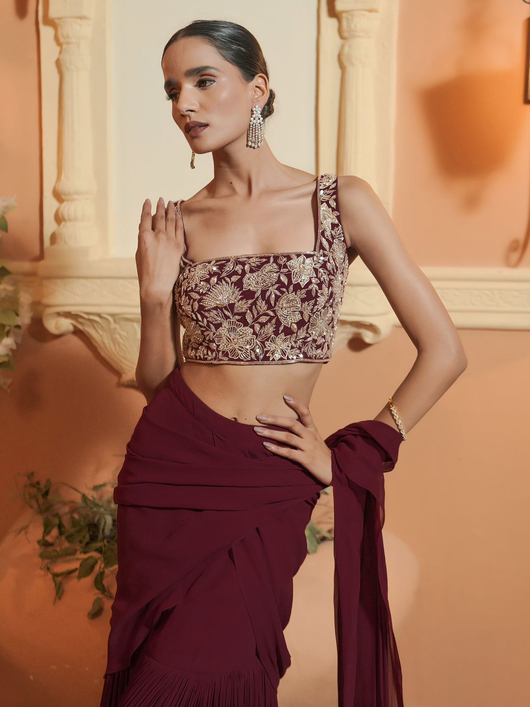 Maroon Hand Embroidered Drape Saree Set