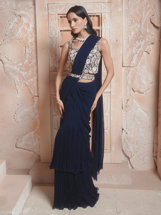 Navy Embroidered Drape Saree Set