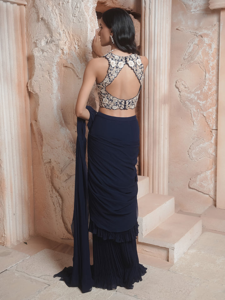 Navy Embroidered Drape Saree Set