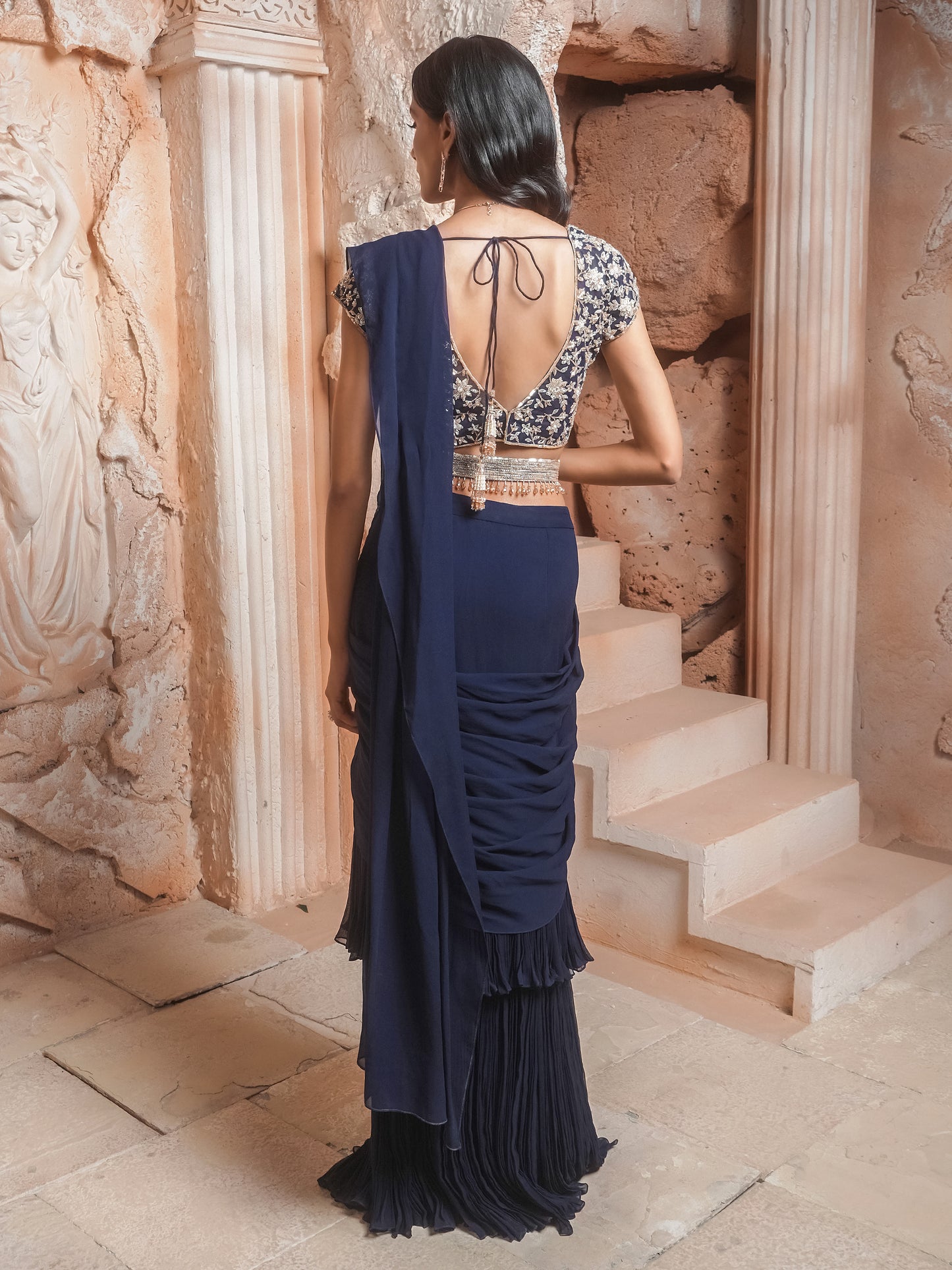 Navy Hand Embroidered Drape Saree Set