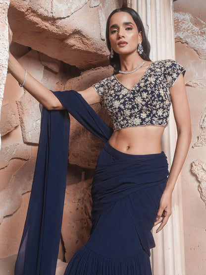 Navy Hand Embroidered Drape Saree Set