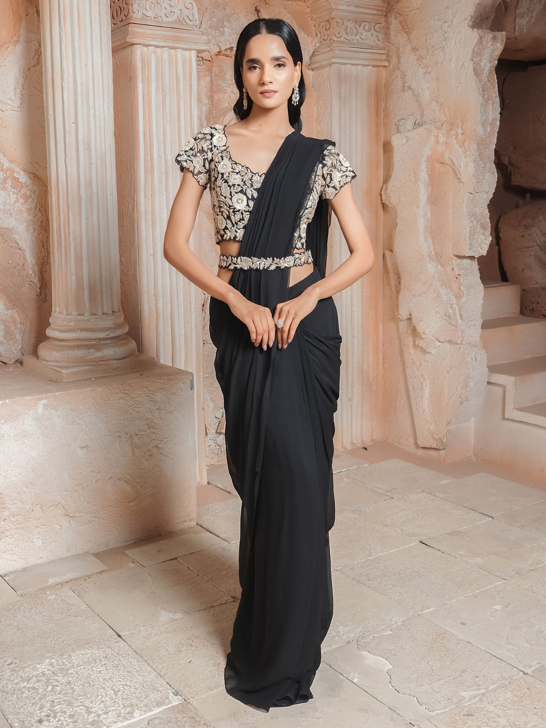 Black Embroidered Drape Saree Set