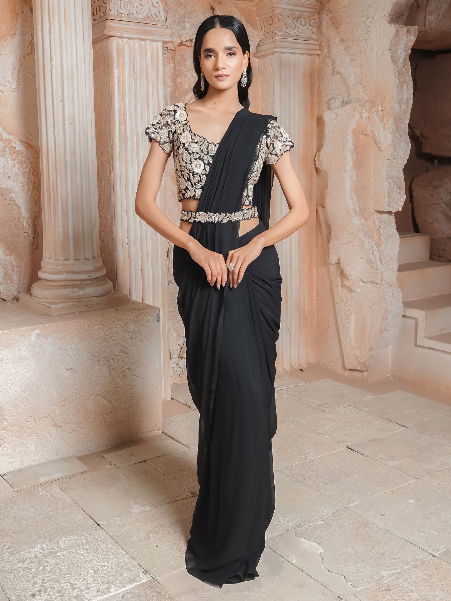 Black Embroidered Drape Saree Set