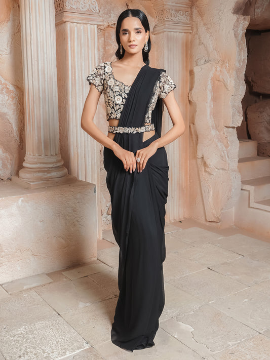 Black Embroidered Drape Saree Set
