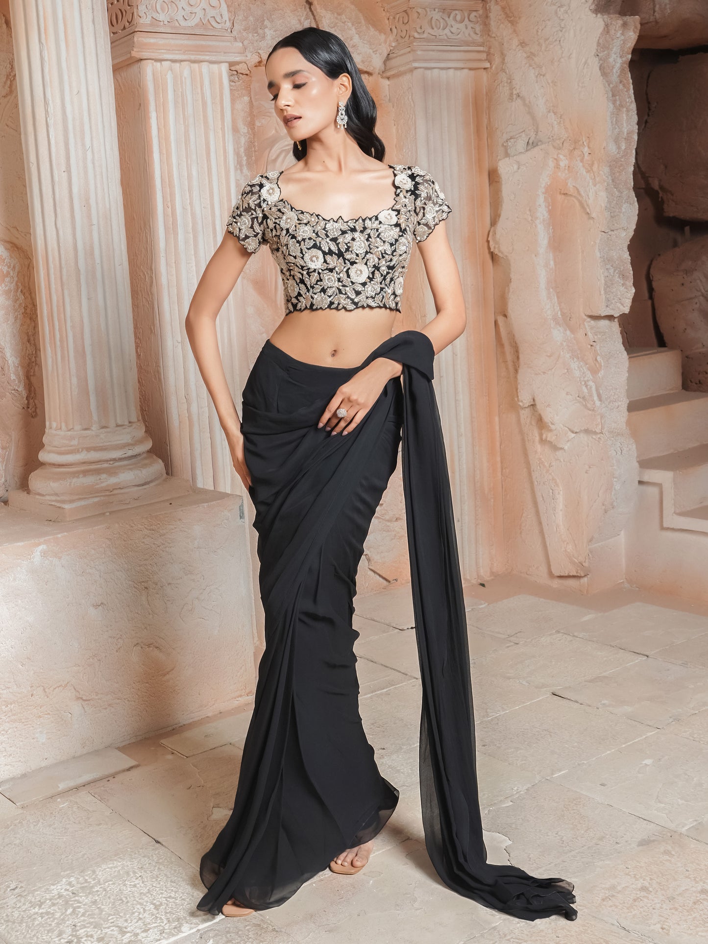 Black Embroidered Drape Saree Set