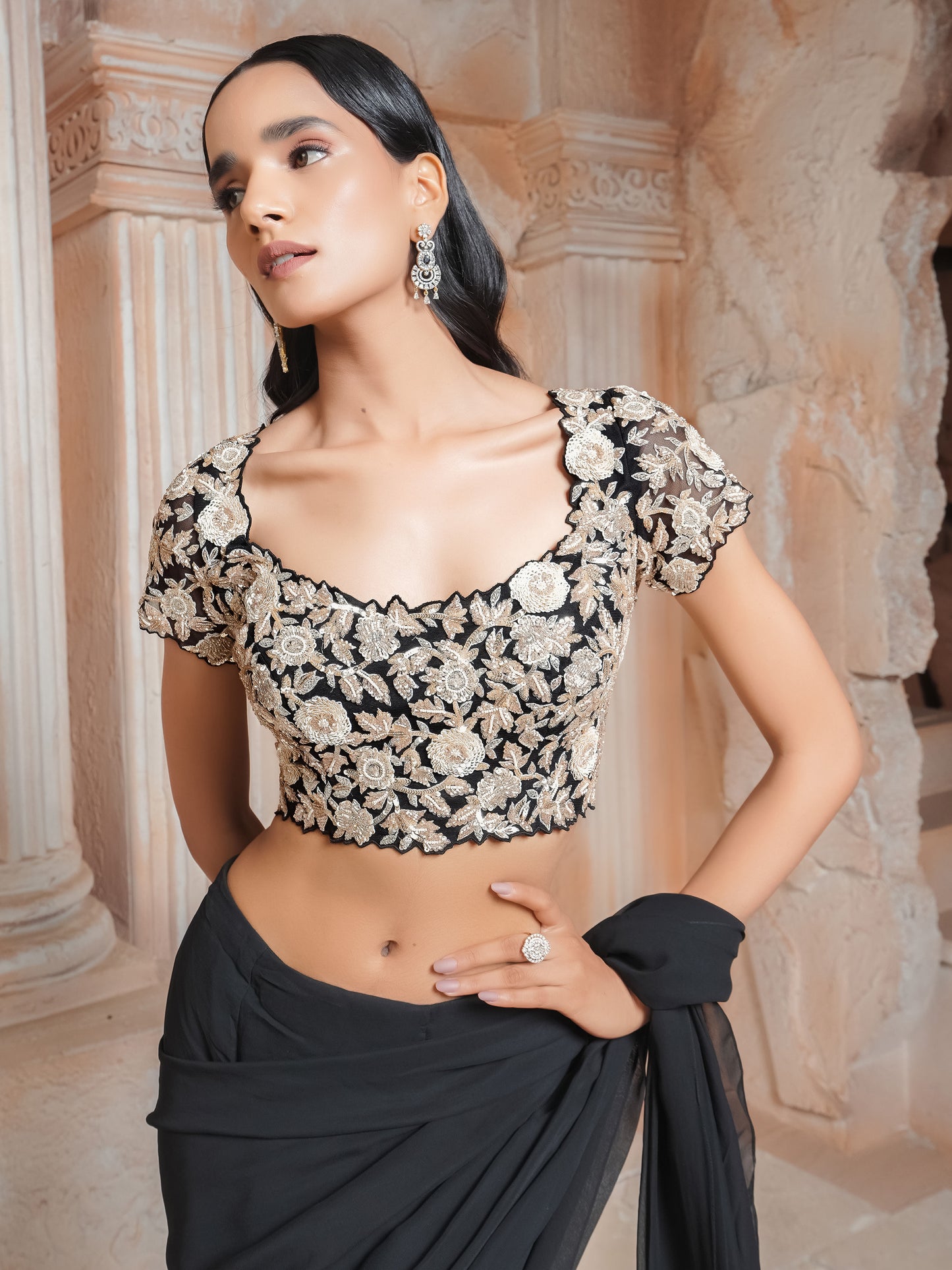 Black Embroidered Drape Saree Set